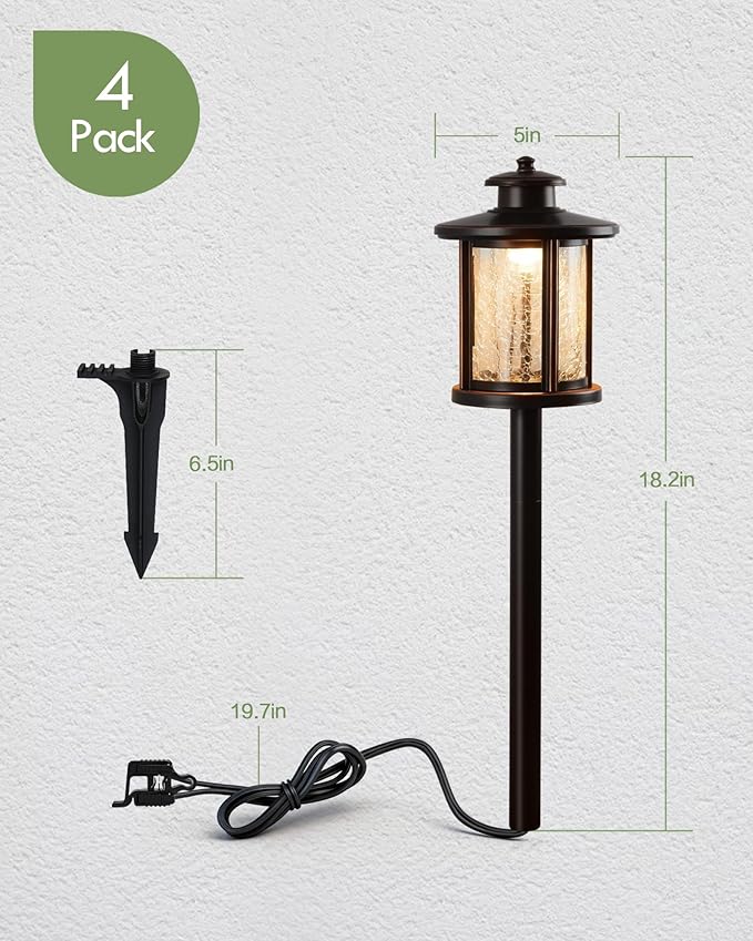 LITFIT Low Voltage Landscape Lighting, 12V 3.4W 155LM 3000K Outdoor Path Lights with Connectors, Crackled Shade, ORB Finish, Waterproof Aluminum LED Walkway Light Wired for Garden Yard, 4 Pack