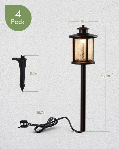 LITFIT Low Voltage Landscape Lighting, 12V 3.4W 155LM 3000K Outdoor Path Lights with Connectors, Crackled Shade, ORB Finish, Waterproof Aluminum LED Walkway Light Wired for Garden Yard, 4 Pack