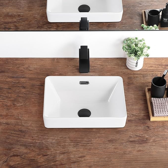 Bathroom Vessel Sink 15.5'' x 11.9'' Small Semi Recessed Bathroom Sink Rectangular Drop In Sink with Overflow White Ceramic Modern Vessel Sinks for Bathroom