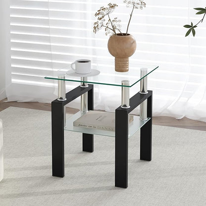IANIYA Modern Glass Side Table, 2-Tier End Table with Tempered Glass Top & Metal Legs, Night Stand Corner Small Table for Living Room, Bedroom, Small Space