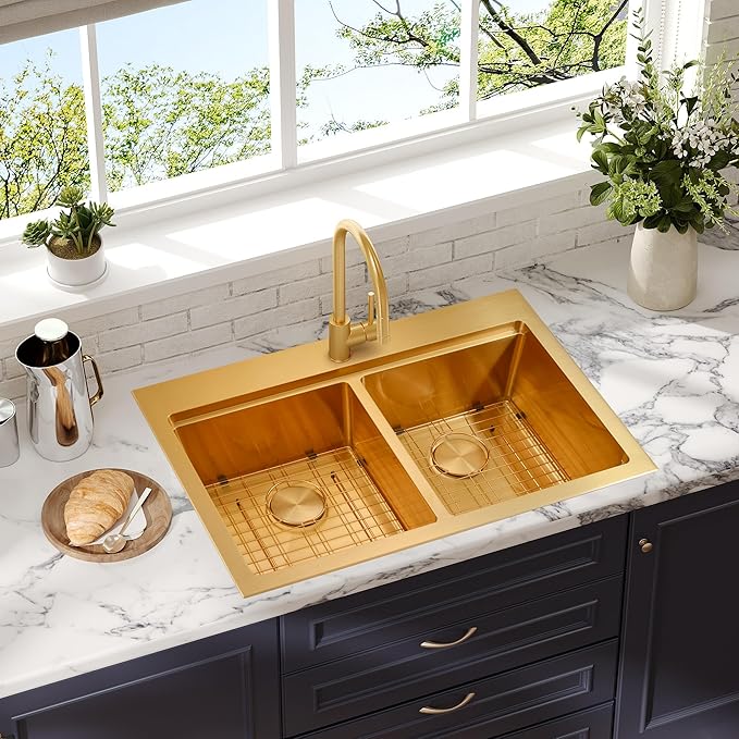 MILOSEN 36 Inch Gold Double Bowl Kitchen Sink, 36''x22'' Gold Drop in Workstation Sink 50/50 Topmount Double Basin with Accessories, 16 Gauge T304 Stainless Steel Sinks, 10'' Deep and Large Sinks