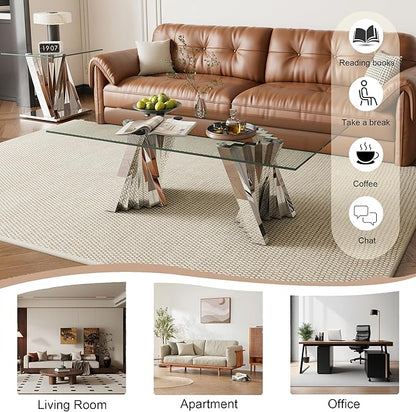Glass Coffee Table, 51" Center Table with Tempered Glass Tabletop and Mirror Finish Stainless Steel Legs, Modern Rectangular Tea Table for Living Room, Office, Apartment