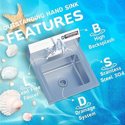 DuraSteel Commercial Hand Wash Sink - NSF Commercial Hand Sink Faucet Included 12x10 Basin - Restaurant Wall Mount Stainless Steel Kitchen Handwashing Sinks Station - Mounted Handwash Sinks, Washing
