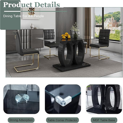 63" Glass Dining Table, Rectangular Kitchen Table with Tempered Glass Tabletop and Black O-Shaped MDF Base, Modern Dining Room Table for Kithchen, Living Room