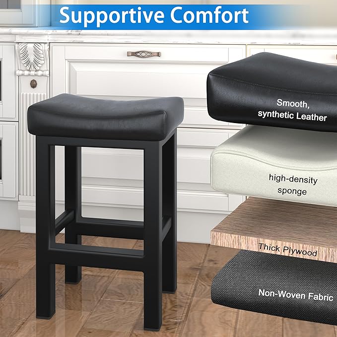 Bar Stools Set of 2, 24 Inch Counter Height Bar Stools for Kitchen Island, Faux Leather Upholstered Thick Saddle Seats & Heavy Duty Metal Base, Easy Assembly, Black