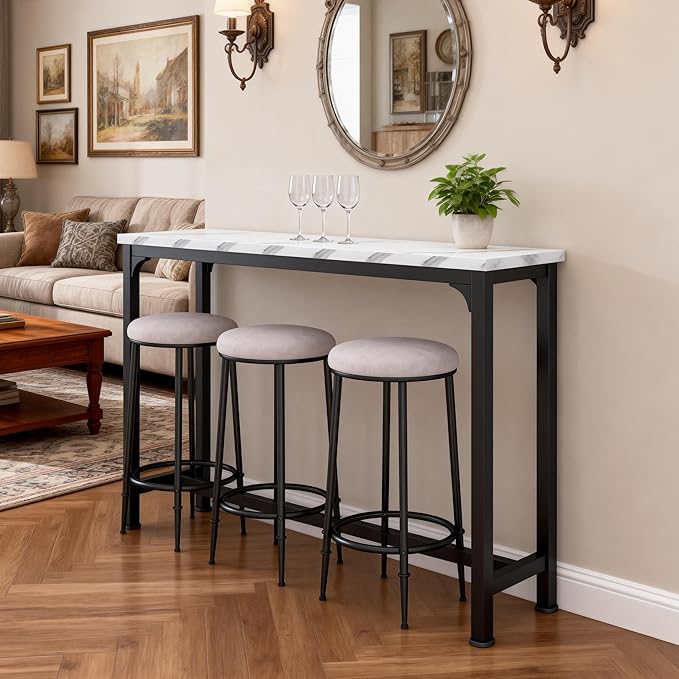 HOMYSHOPY Bar Table Set for 3, 4 Piece Console Table with 3 Stools, Counter Height Kitchen Table Set with 3 Chairs for Breakfast Nook, Living Room and Apartment (White & Black)