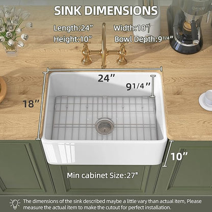 TUKTUK White Farmhouse Sink 24 X18 inch Fireclay Farm House Apron Front Undermount Small Modern Kitchen Sink Single Bowl for Bar and RV Luxury Bottom Grid & Strainer