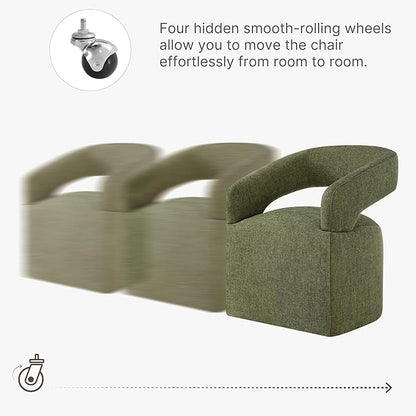 KISLOT Upholstered Dining Chairs with Casters, Modern Barrel Side Armchair with Rollers for Dining Room, Bedroom, Kitchen, Reading Room, Green, Set of 2
