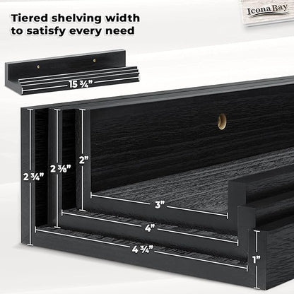Icona Bay 16 Inch Floating Shelves for Wall - Set of 3 in Ebony Black - Modern Rustic Style - Wall Mounted Display Shelves - Picture Ledges