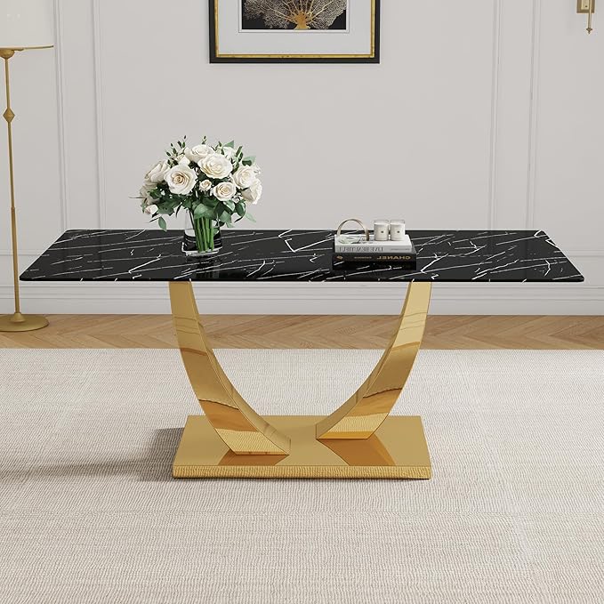 Modern Kitchen Table, Faux Marble Dining Table with 0.4" Thick Tempered Glass Top, 71" Black Dining Room Table with Gold U-Shaped Metal Base for Kitchen Dining Room