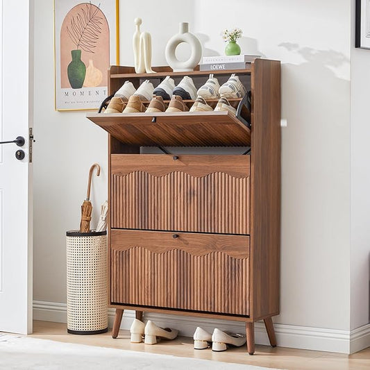 BERRYMERRY Shoe Storage Cabinet for Entryway with 3 Flip Drawers, 51.2” Tall Narrow Shoe Organizer with Wave Panel, Freestanding Wood Hidden Shoe Cabinet for Hallway