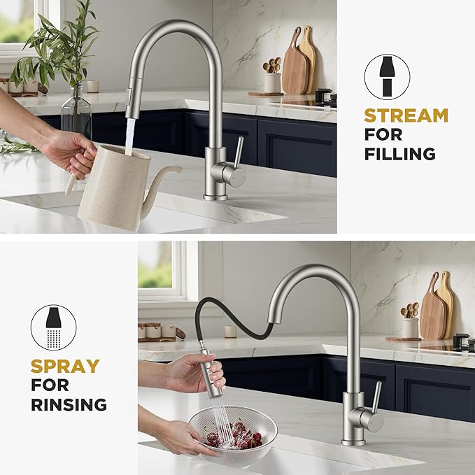 Kitchen Sink Faucet with Pull Down Sprayer, Brushed Nickel Stainless Steel Kitchen Faucets Classic High Arc Single Handle with Deck Plate for 1 or 3 Hole, Fit for Farmhouse Bar Laundry Camper