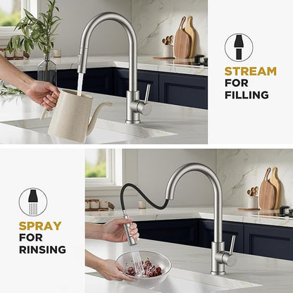 Kitchen Sink Faucet with Pull Down Sprayer, Brushed Nickel Stainless Steel Kitchen Faucets Classic High Arc Single Handle with Deck Plate for 1 or 3 Hole, Fit for Farmhouse Bar Laundry Camper