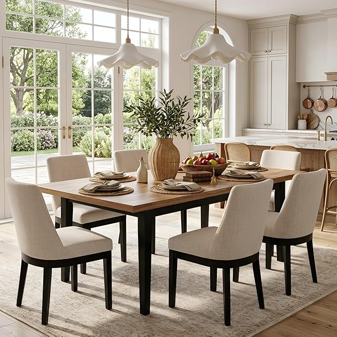 HNY Modern Dining Chairs Set of 6 with Comfortable Back Support, Farmhouse Soft Linen Upholstered Dining Room Chairs with Black Solid Wood Legs, Armless Kitchen Side Chairs for Living Room, Beige
