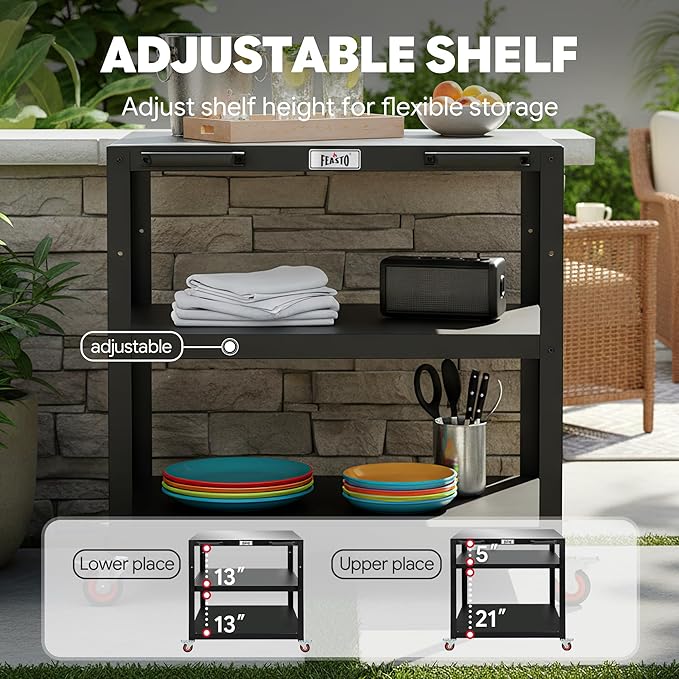 Feasto 36''x 24'' Heavy-Duty Outdoor Pizza Oven Table, 304 Stainless Steel Grill Table with Lockable Wheels for Pizza Ovens & Griddles, 3-Shelf Prep Table for Deck, Patio BBQ & Parties