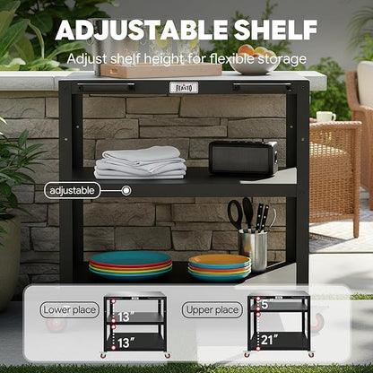 Feasto 36''x 24'' Heavy-Duty Outdoor Pizza Oven Table, 304 Stainless Steel Grill Table with Lockable Wheels for Pizza Ovens & Griddles, 3-Shelf Prep Table for Deck, Patio BBQ & Parties