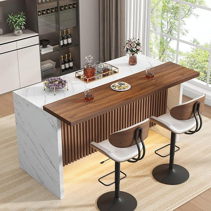 Gyfimoie 63" Large Imitation Marble Bar Table,Island Table with LED Lights,Mordern Marble Stripes Dining Table with Grille Design for Home Kitchen, Living Room, Balcony, Basement(White)