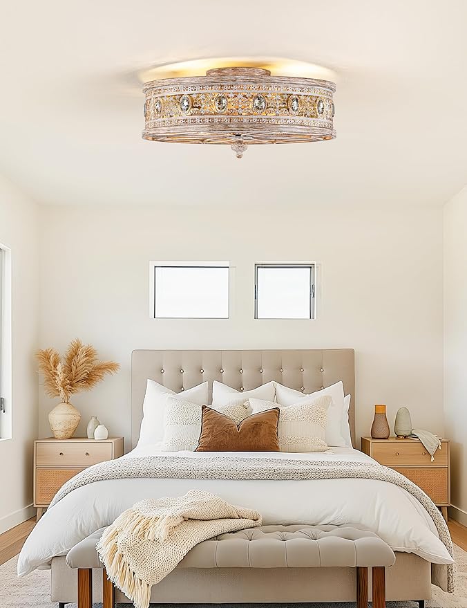 Farmhouse Chandelier Ceiling Fan with Light,Rustic Distressed Wood-Look Caged Bladeless Fandelier,Country Cottage Crystal Drum Light Fixture,Hanging/Flush Mount for Bedroom,Dining Room,Kitchen Island
