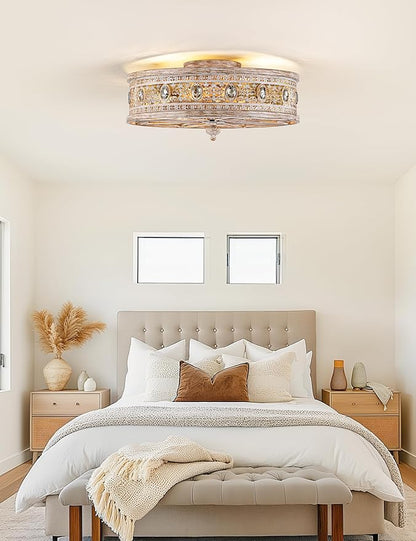 Farmhouse Chandelier Ceiling Fan with Light,Rustic Distressed Wood-Look Caged Bladeless Fandelier,Country Cottage Crystal Drum Light Fixture,Hanging/Flush Mount for Bedroom,Dining Room,Kitchen Island