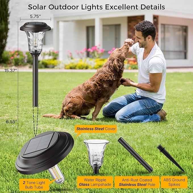 XMCOSY+ Solar Lights Outdoor Waterproof, 6 Pack Metal Glass Solar Pathway Lights, 20/40LM Bright Landscape Lighting for Garden Yard Backyard Path Driveway Walkway Outside Decor (Warm/Cool White)