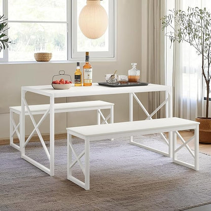 VECELO Kitchen Dining Table Benches Set for 4/6, 55" Wooden Dinette with 2 Benches, Large Embedded Desktop for Small Space, Breakfast Nook, White