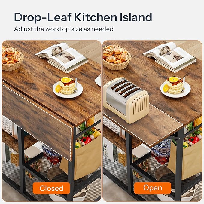 HOOBRO Kitchen Island with Power Outlet, Rolling Kitchen Cart with Drop Leaf, Island Table with Extendable Worktop and Adjustable Shelf, Kitchen Island Cart for Dining Room, Rustic Brown BF22UZD01