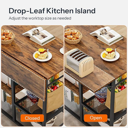 HOOBRO Kitchen Island with Power Outlet, Rolling Kitchen Cart with Drop Leaf, Island Table with Extendable Worktop and Adjustable Shelf, Kitchen Island Cart for Dining Room, Rustic Brown BF22UZD01