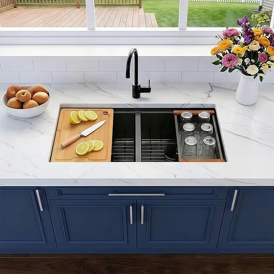 32 Inch Black Sink Undermount Double Bowl, 16 Gauge 50/50 Double Bowl Stainless Steel Workstation Sink, 32"x19"x10" Large and Deep Kitchen Sink With Accessories