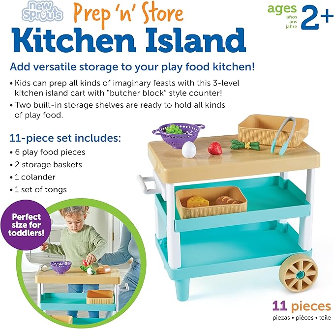 Learning Resources New Sprouts Prep ‘n’ Store Kitchen Island - Pretend Play Kitchen for Toddlers, Food Toys, Imaginative Role Play and Social Skills, Grocery Playset, Gifts for Boys and Girls