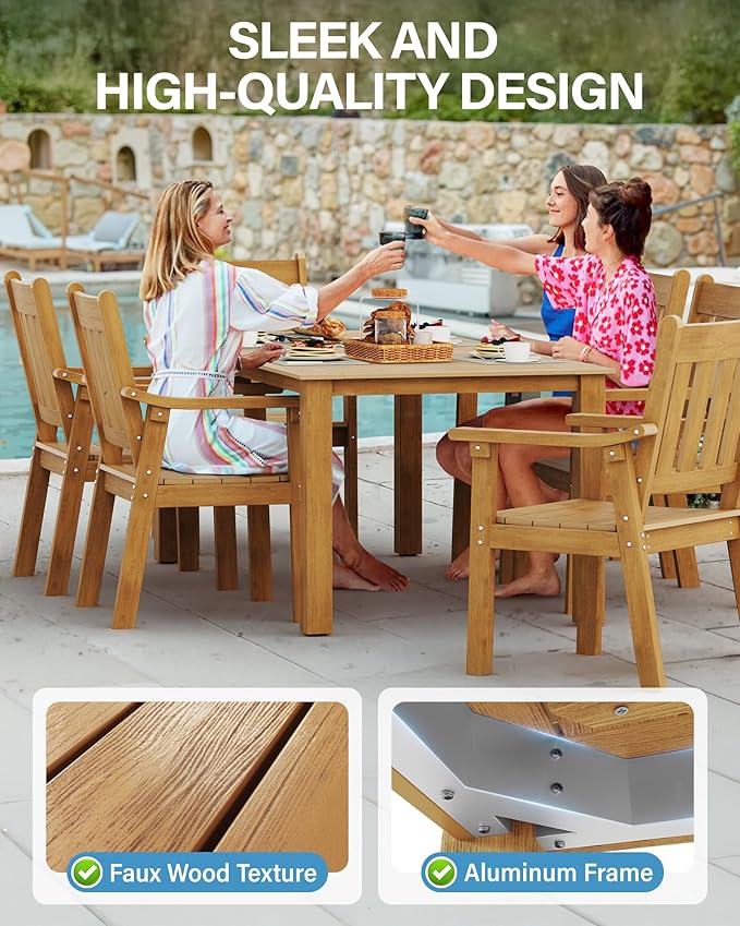 YEFU HIPS Patio Table Set: 5 Piece Outdoor Table and Chairs Dining Furniture Set with Umbrella Hole - Teak Modern Plastic Dining Sets 4 Person for Outside Deck with Metal Aluminum Frame
