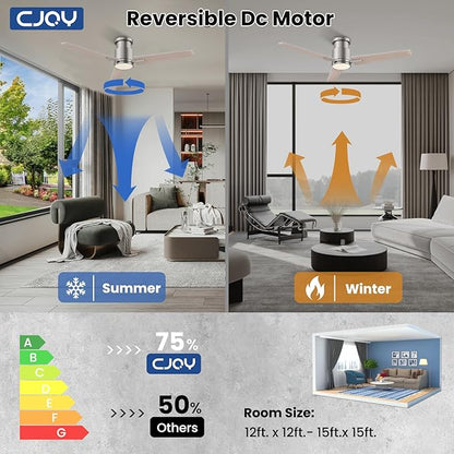 CJOY Ceiling Fan with Lights, 52 Inch Low Profile Ceiling Fans with Light and Remote, Reversible DC, Flush Mount, 3CCT，Dimmable, Modern Indoor/Outdoor Design for Bedroom, Living Room, Patio, Kitchen