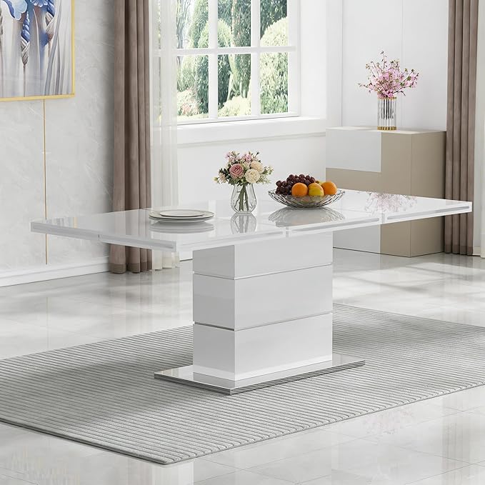 70" White Dining Table for 4 6, Modern Glossy Kitchen Table with 1.5" Thick Lacquered Tabletop and Silver Stainless Steel Trim, Luxury Rectangular Dinner Tables for Dining Room