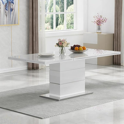 70" White Dining Table for 4 6, Modern Glossy Kitchen Table with 1.5" Thick Lacquered Tabletop and Silver Stainless Steel Trim, Luxury Rectangular Dinner Tables for Dining Room
