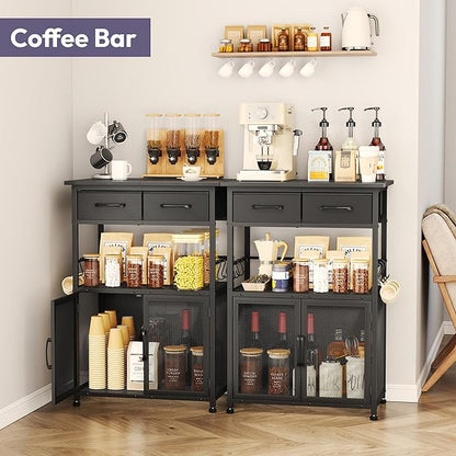 SWTYMIKI Coffee Bar Cabinet with Drawer - 20.47" Coffee Stand Station with Removable Hooks, Buffet Cabinet for Coffee Maker or Microwave, Kitchen Bar Table Storage Organizer, Black