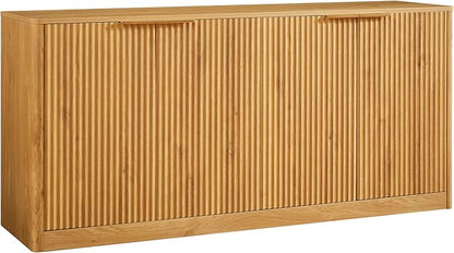 Ball & Cast 59" Modern Fluted Sideboard Buffet Cabinet with Storage,Curved Design Kitchen Coffee Bar Cabinet with 4 Doors & Shelves,Wood Credenza Cabinets Media Console for Living Room,Natural