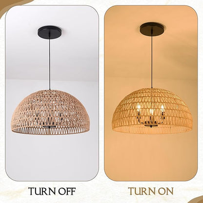 24" Brown Woven Pendant Light Boho Chandelier Dome Rustic Farmhouse Chandelier Wicker Pendant Light Rattan Light Fixture for Dining Room Living Room Bedroom Kitchen Island Foyer(Bulb Incl)