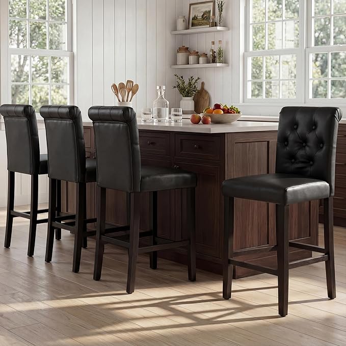 LSSBOUGHT 24 Inches Leather Counter Height Stools Set of 4 with Solid Wood Legs Bar Chairs for Kitchen lsland & Dining Room(Black,4PCS)