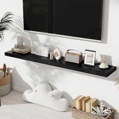Fun Memories Black Floating Shelves for Wall Set of 2, 28" Black Floating Shelves for Home Decor, Rustic Wood Wall Mounted Shelf, Hanging Deep Shelf for Living Room, Bedroom, Bathroom, Kitchen
