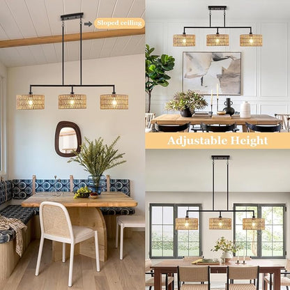 47" Hand Woven Rattan Chandeliers for Dining Room, 3-light Boho Linear Chandeliers Large Farmhouse Kitchen Island Lighting, Black Finish Pendant Light Fixtures Over Table, Bar, Living Room,E26