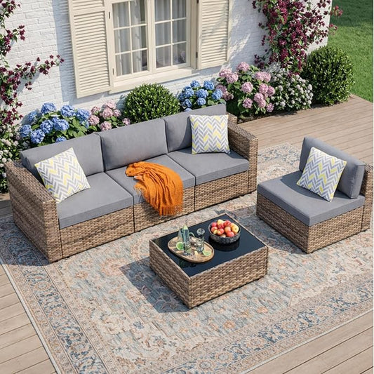 JAMFLY Patio Furniture Sets, 5-Piece Outdoor Patio Furniture with Thick Cushions, Wicker Outdoor Conversation Set Sectional Sofa for Backyard, Poolside, Garden(Grey Cushion)