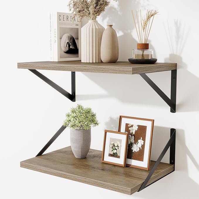 Acovy Floating Shelves for Wall,18" Wall Mounted Shelves Set of 2,Wood Floating Shelf with Bracket,Sturdy Metal Bracket Bookshelves Home Decor Storage for Living Room,Bedroom,Bathroom,Kitchen,Grey