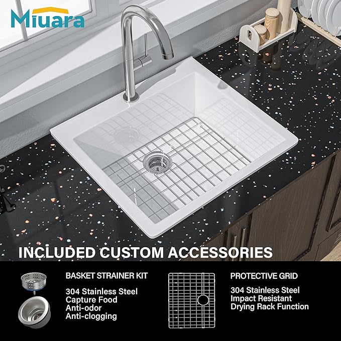 Miuara White Kitchen Sink Drop In 24 Inch 1 Hole - Small Topmount Fireclay Bar Sink 24"x22"x10" Single Bowl, with 2 Custom Accessories, Glossy White, for Kitchen & Laundry & Outdoor & Small Space