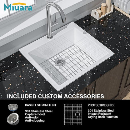 Miuara White Kitchen Sink Drop In 24 Inch 1 Hole - Small Topmount Fireclay Bar Sink 24"x22"x10" Single Bowl, with 2 Custom Accessories, Glossy White, for Kitchen & Laundry & Outdoor & Small Space