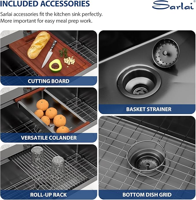 Sarlai 33 Black Kitchen Sink Drop In - 33" x 22" Kitchen Sink Drop In Workstation Topmount Gunmetal Black Stainless Steel 16 Gauge Single Bowl Over Counter Sinks Basin