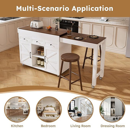 74.8" Kitchen Island with Extendable Dining Table & Power Outlet - Rolling Storage Cart on Wheels with 3 Drawers & 2 Door Cabinet for Dining Room