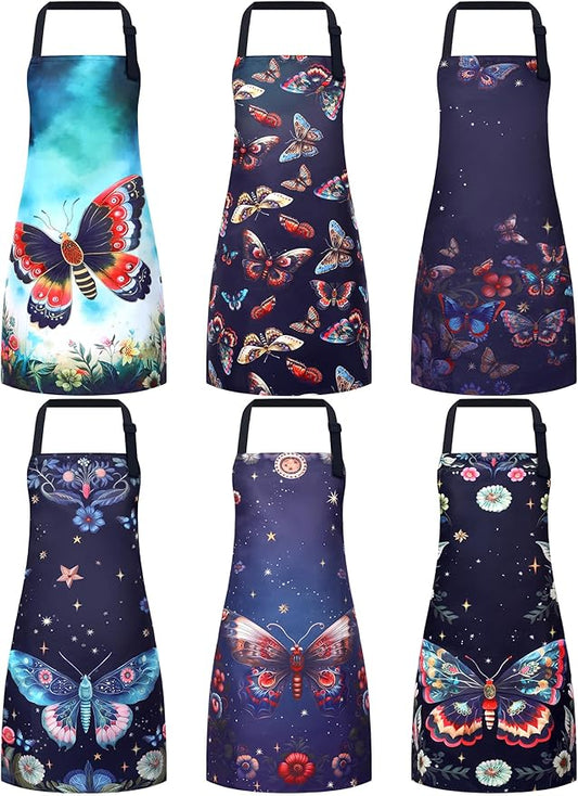 Bencailor 6 Pcs Spring Kitchen Aprons with Pockets Flower Rooster Bee Butterfly Sunflower Summer Aprons Bulk for Women(Dark Color,Butterfly)