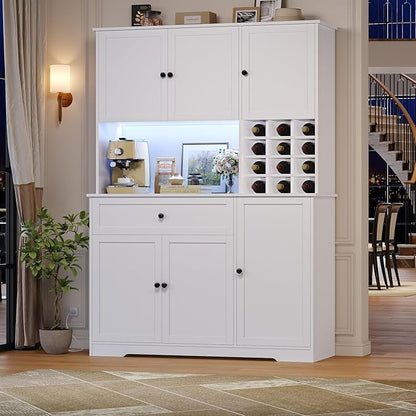 FINETONES Pantry Cabinet with 7-Color LED Light and Charging Station, 71" Tall Kitchen Pantry Cabinet with Microwave Stand, Modern Kitchen Hutch with Storage Drawer for Dining Room, White