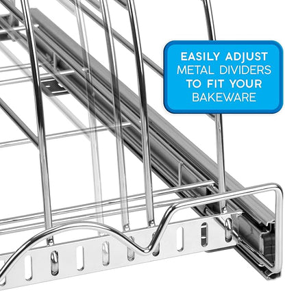 HOLDN’ STORAGE Pull Out Organizer for Bakeware, Cutting Board and Trays, Adjustable Dividers - Heavy Duty, Lifetime Limited Warranty - For Narrow Cabinet Spaces, 12.5”W x 21”D x 11”H, Chrome