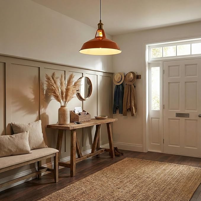 Orange Industrial Farmhouse Pendant Light 1m Adjustable Cord, Vintage Barn Metal Hanging Lamp Fixture, Retro Rustic Ceiling Lighting for Kitchen Island Dining Bar Bedroom E26 (Orange)