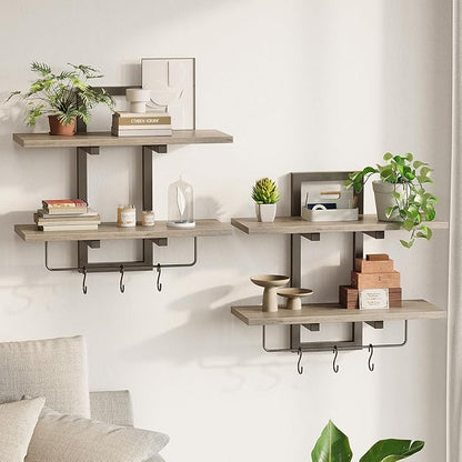 Creso hom Floating Shelves, 15" Wall Shelf Set of 2, Hanging Bathroom Shelves 2-Tier, Wall Mounted Storage Shelves, for Living Room Bedroom Bathroom Kitchen Office Coffee Bar, Greige